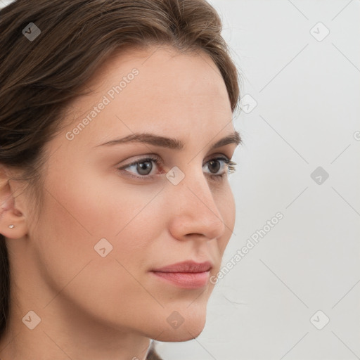 Neutral white young-adult female with long  brown hair and grey eyes