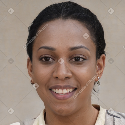 Joyful latino young-adult female with short  black hair and brown eyes