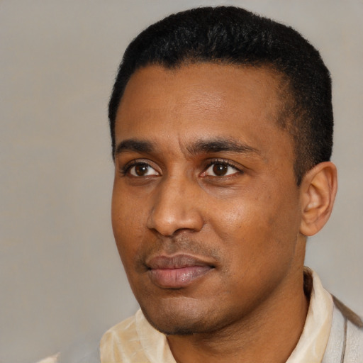 Neutral black young-adult male with short  black hair and brown eyes
