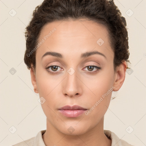 Neutral white young-adult female with short  brown hair and brown eyes