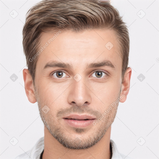 Neutral white young-adult male with short  brown hair and brown eyes