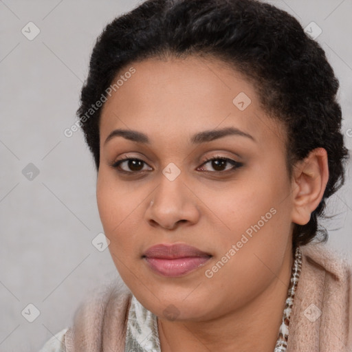 Joyful latino young-adult female with short  black hair and brown eyes