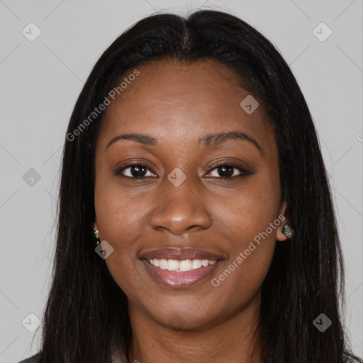 Joyful asian young-adult female with long  black hair and brown eyes