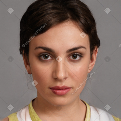 Neutral white young-adult female with medium  brown hair and brown eyes