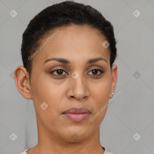 Joyful latino young-adult female with short  brown hair and brown eyes