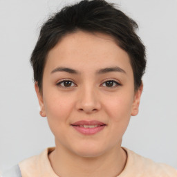 Joyful asian young-adult female with short  brown hair and brown eyes