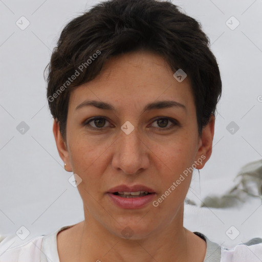 Joyful white young-adult female with short  brown hair and brown eyes