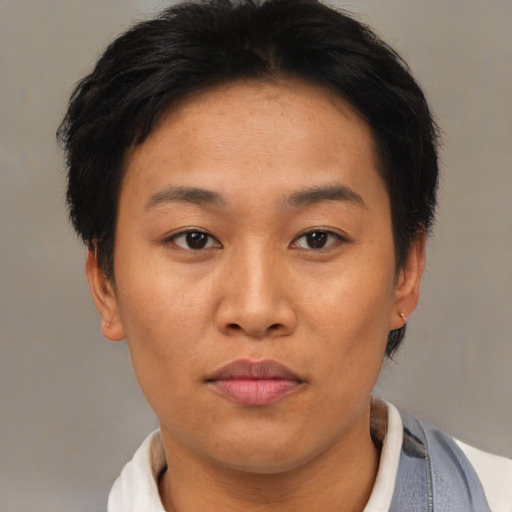 Neutral asian young-adult female with short  brown hair and brown eyes