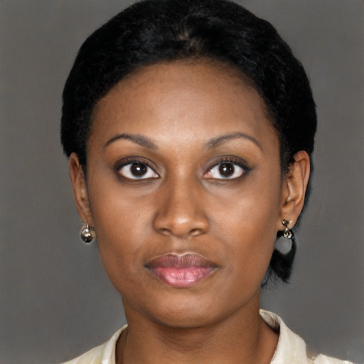Neutral black young-adult female with short  black hair and brown eyes