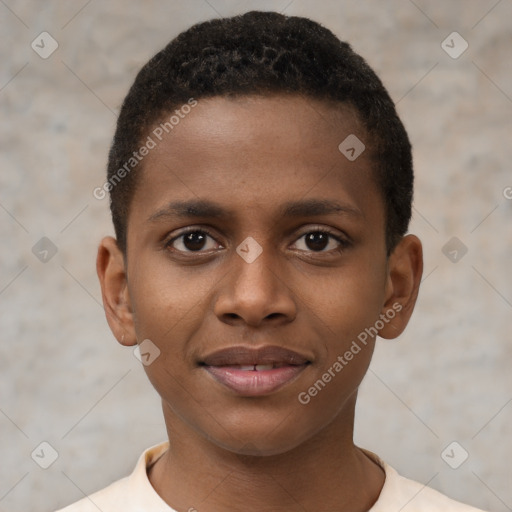 Joyful black young-adult male with short  brown hair and brown eyes