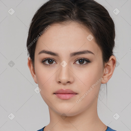 Neutral white young-adult female with short  brown hair and brown eyes