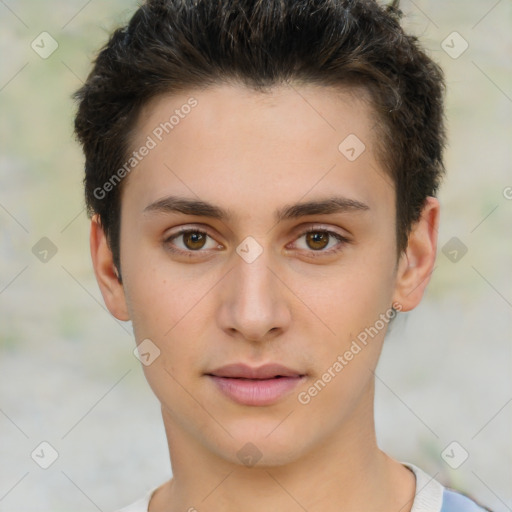 Neutral white young-adult male with short  brown hair and brown eyes