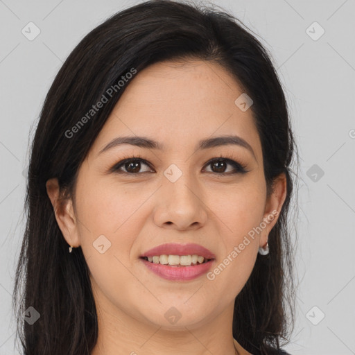 Joyful latino young-adult female with long  brown hair and brown eyes