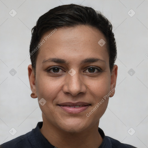 Joyful white young-adult female with short  brown hair and brown eyes