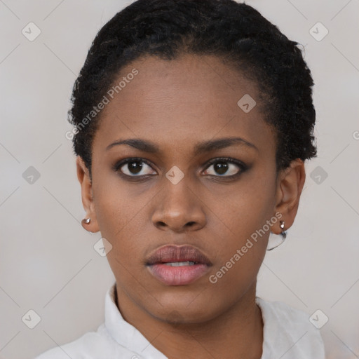 Neutral black young-adult female with short  black hair and brown eyes