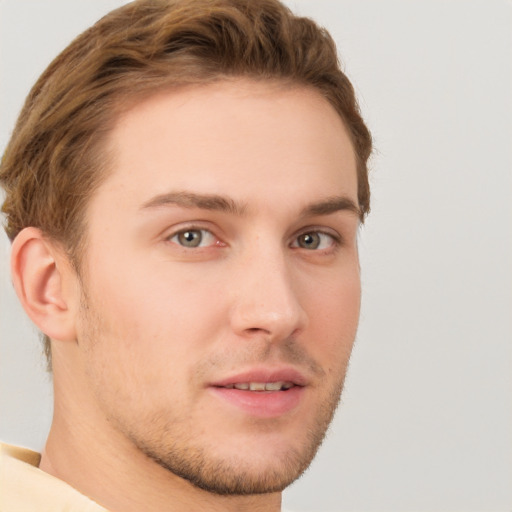 Neutral white young-adult male with short  brown hair and grey eyes