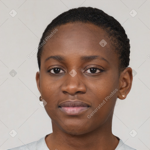 Neutral black young-adult female with short  brown hair and brown eyes