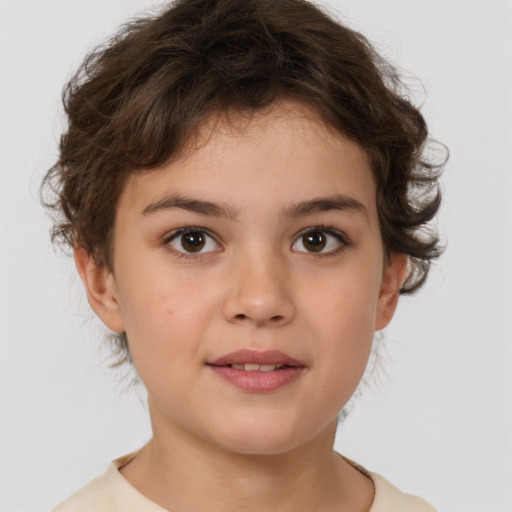 Joyful white child female with short  brown hair and brown eyes