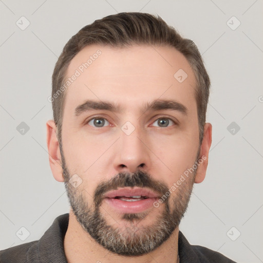 Neutral white young-adult male with short  brown hair and brown eyes