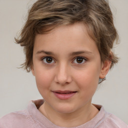 Joyful white child female with medium  brown hair and brown eyes