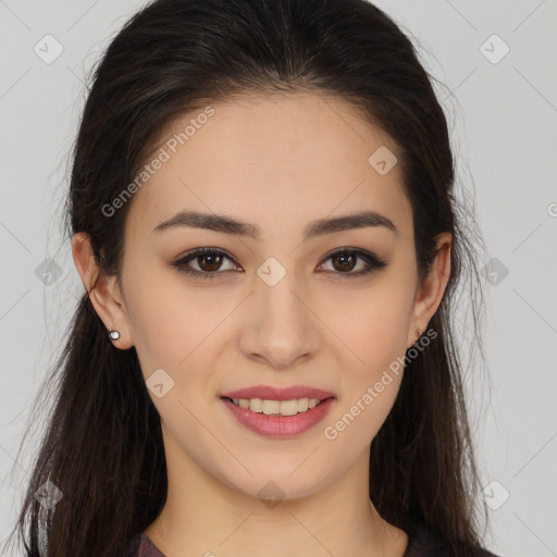 Joyful white young-adult female with long  brown hair and brown eyes