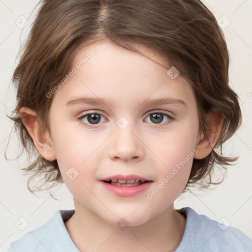 Joyful white child female with medium  brown hair and brown eyes