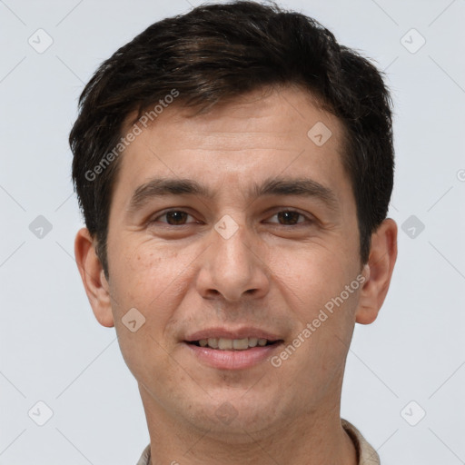 Joyful white young-adult male with short  brown hair and brown eyes