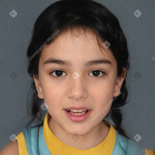 Joyful white child female with medium  brown hair and brown eyes