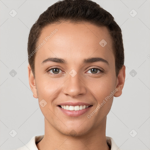 Joyful white young-adult female with short  brown hair and brown eyes