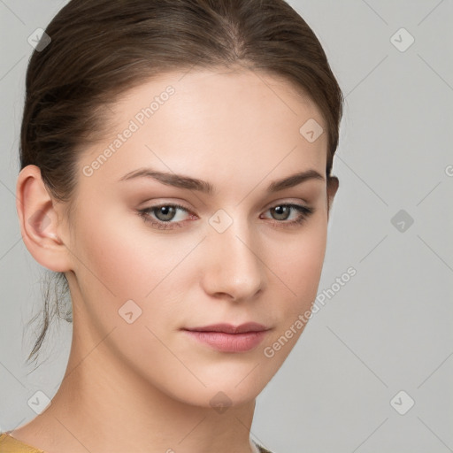 Neutral white young-adult female with medium  brown hair and brown eyes