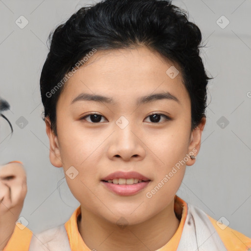 Joyful asian young-adult female with short  brown hair and brown eyes