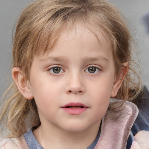 Neutral white child female with medium  brown hair and blue eyes