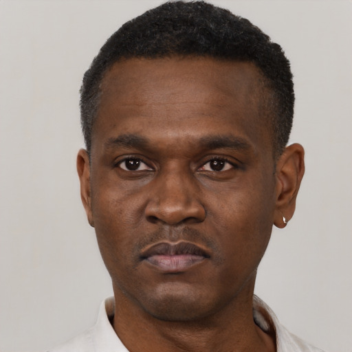 Neutral black young-adult male with short  black hair and brown eyes
