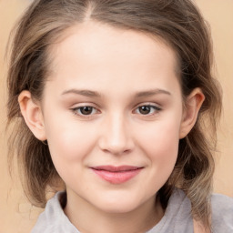 Joyful white child female with medium  brown hair and grey eyes