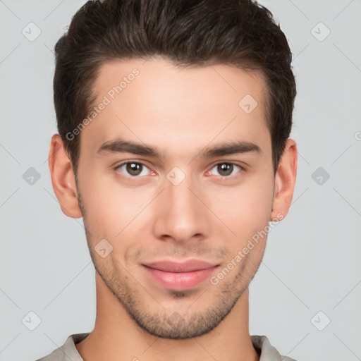 Neutral white young-adult male with short  brown hair and brown eyes