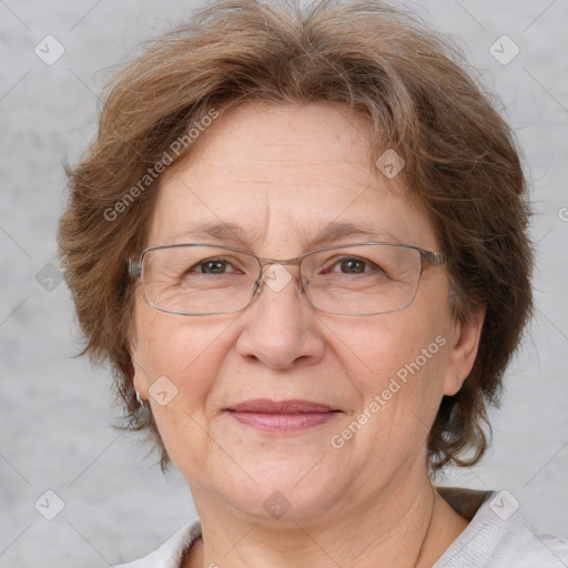 Joyful white middle-aged female with medium  brown hair and brown eyes