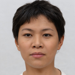 Neutral asian young-adult female with short  brown hair and brown eyes