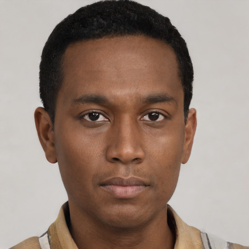 Neutral black young-adult male with short  black hair and brown eyes