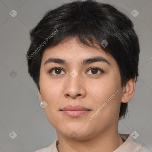 Joyful asian young-adult female with short  brown hair and brown eyes