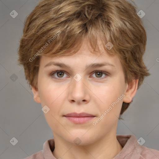 Neutral white young-adult female with short  brown hair and brown eyes