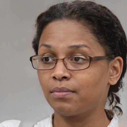 Neutral latino adult female with short  brown hair and brown eyes