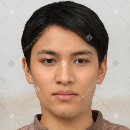 Neutral asian young-adult male with short  black hair and brown eyes
