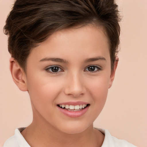 Joyful white child female with short  brown hair and brown eyes