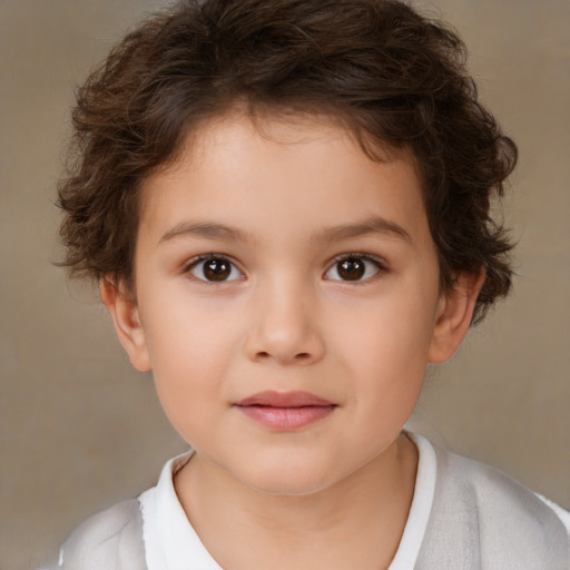 Joyful white child female with short  brown hair and brown eyes