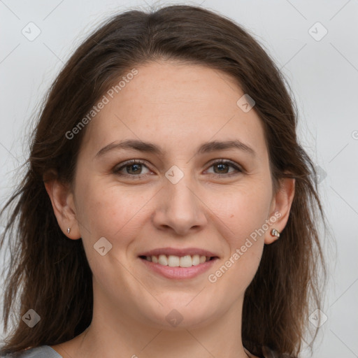 Joyful white young-adult female with medium  brown hair and grey eyes