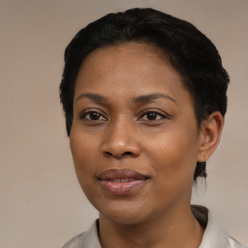 Joyful asian young-adult female with short  black hair and brown eyes