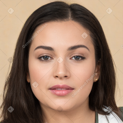 Neutral white young-adult female with long  brown hair and brown eyes