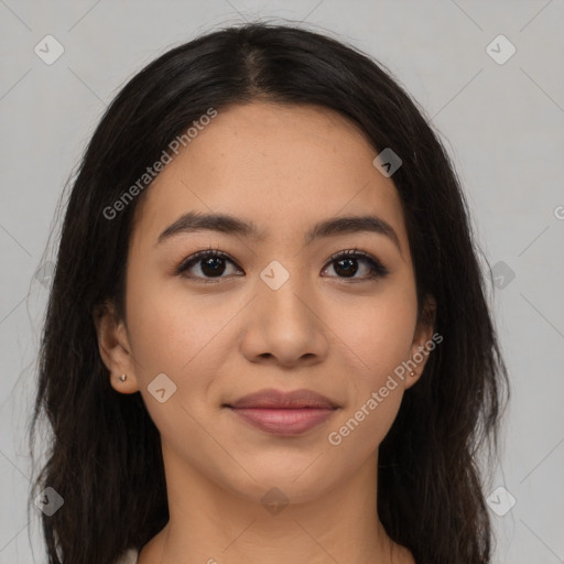 Joyful latino young-adult female with medium  brown hair and brown eyes