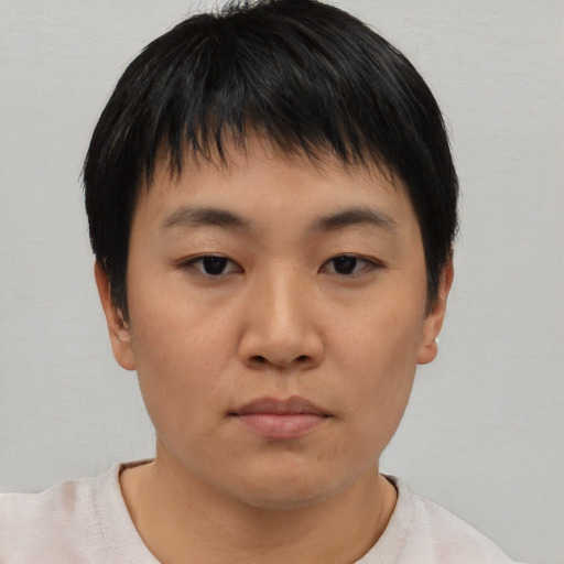 Neutral asian young-adult male with short  black hair and brown eyes