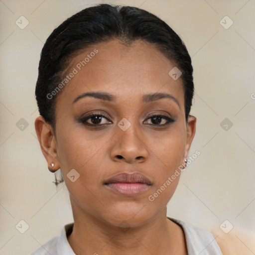 Neutral latino young-adult female with short  brown hair and brown eyes